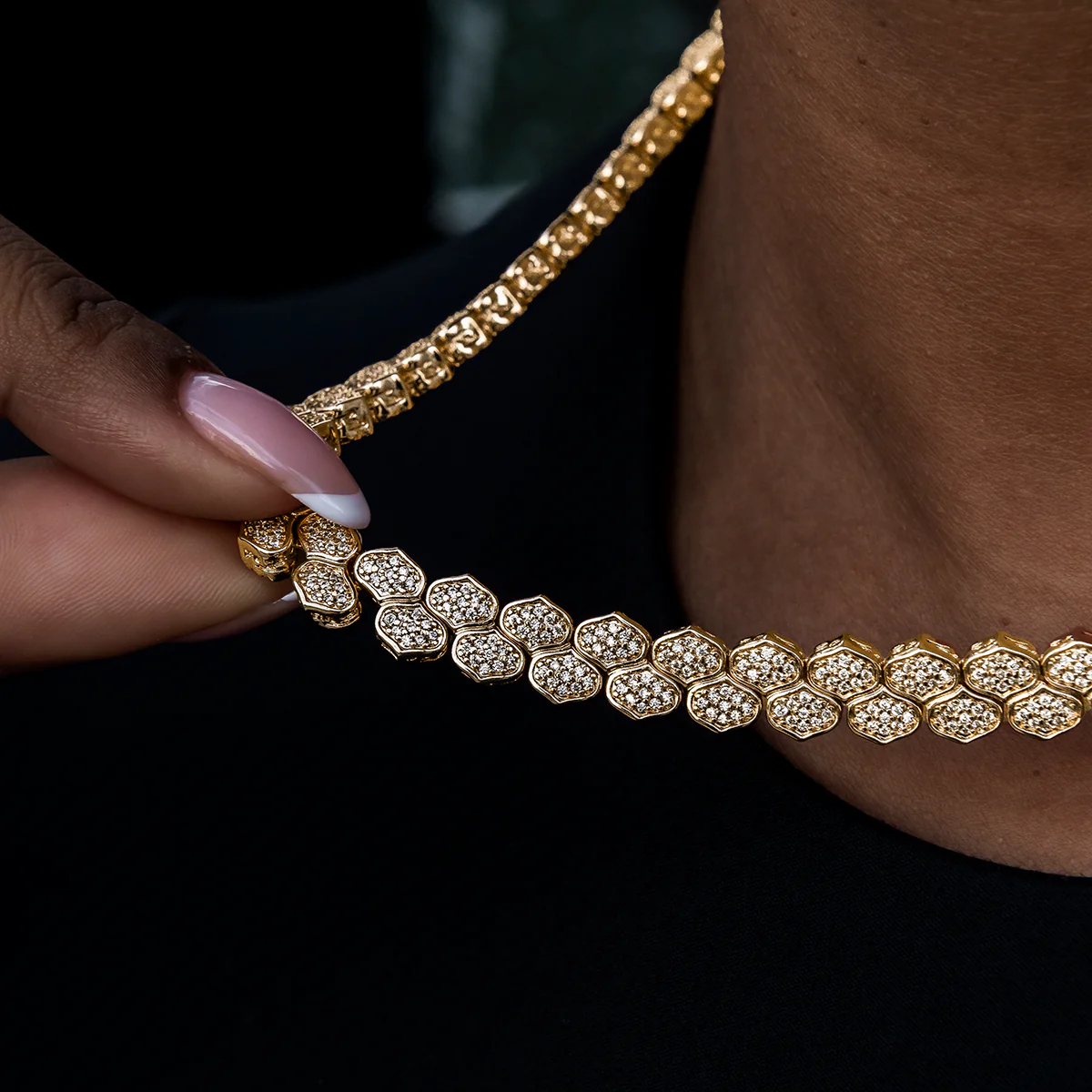 Diamond Pave Flat Snake Link Necklace in Yellow Gold-4mm - The GLD Shop 1 Diamond Pave Flat Snake Link Necklace in Yellow Gold-4mm - The GLD Shop