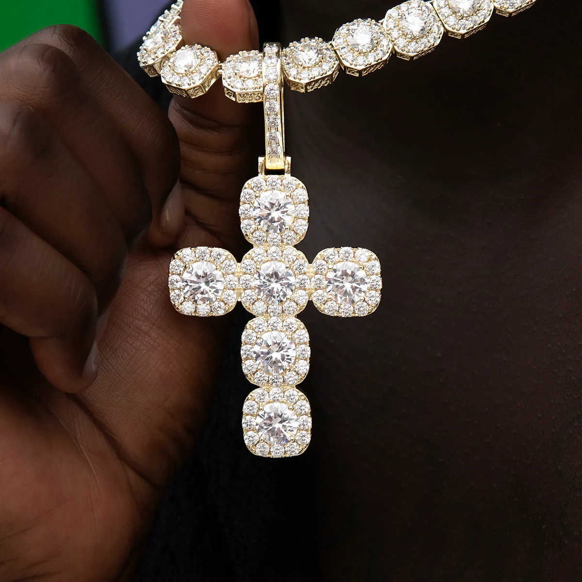 Cushion Cut Stone Cross Pendant in Yellow Gold - The GLD Shop