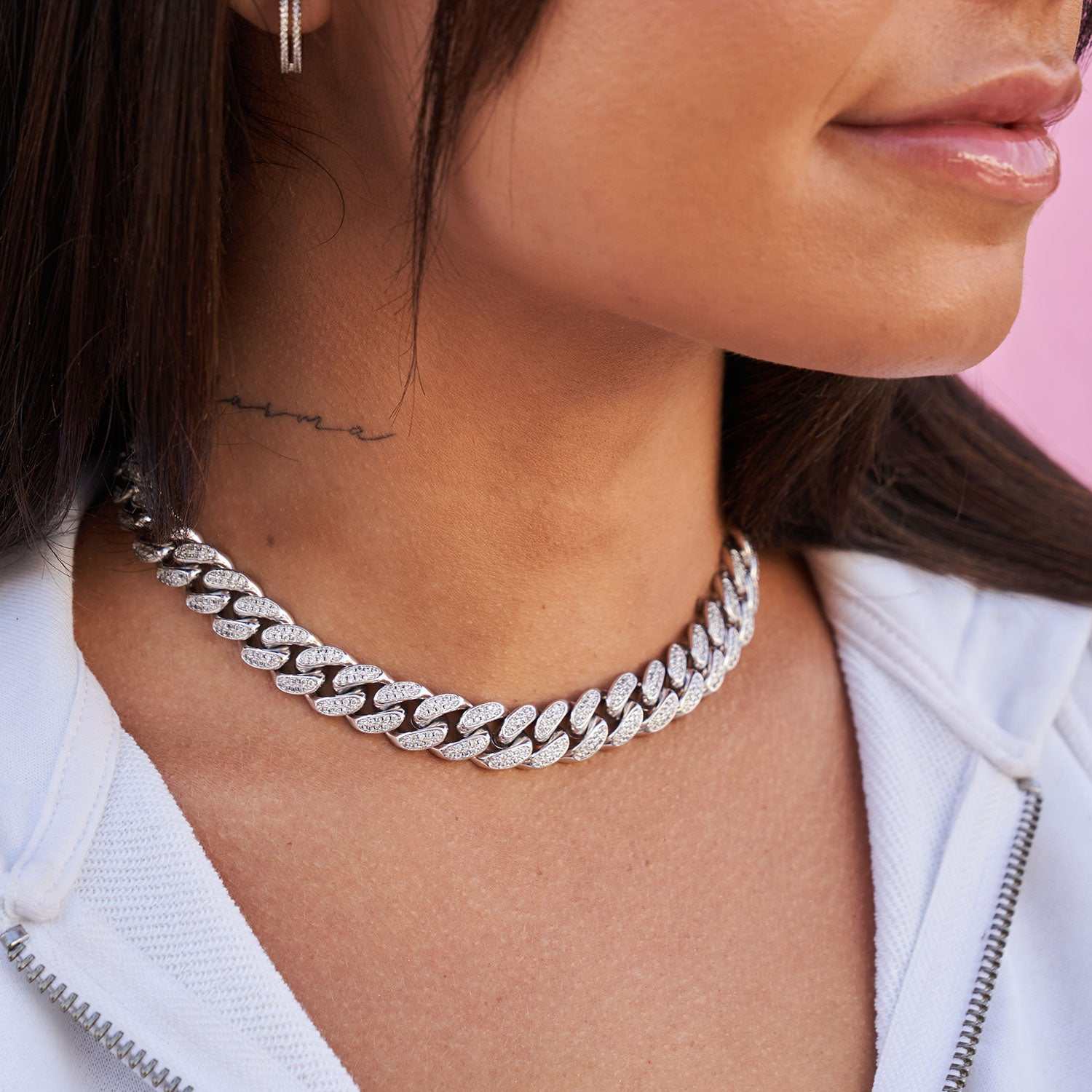 Diamond Cuban Link Choker in White Gold - 12mm - The GLD Shop 1 Diamond Cuban Link Choker in White Gold - 12mm - The GLD Shop