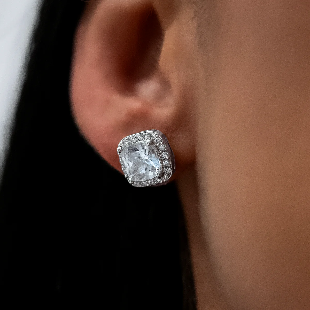 10mm Cushion Cut Earrings in White Gold - The GLD Shop 1 10mm Cushion Cut Earrings in White Gold - The GLD Shop