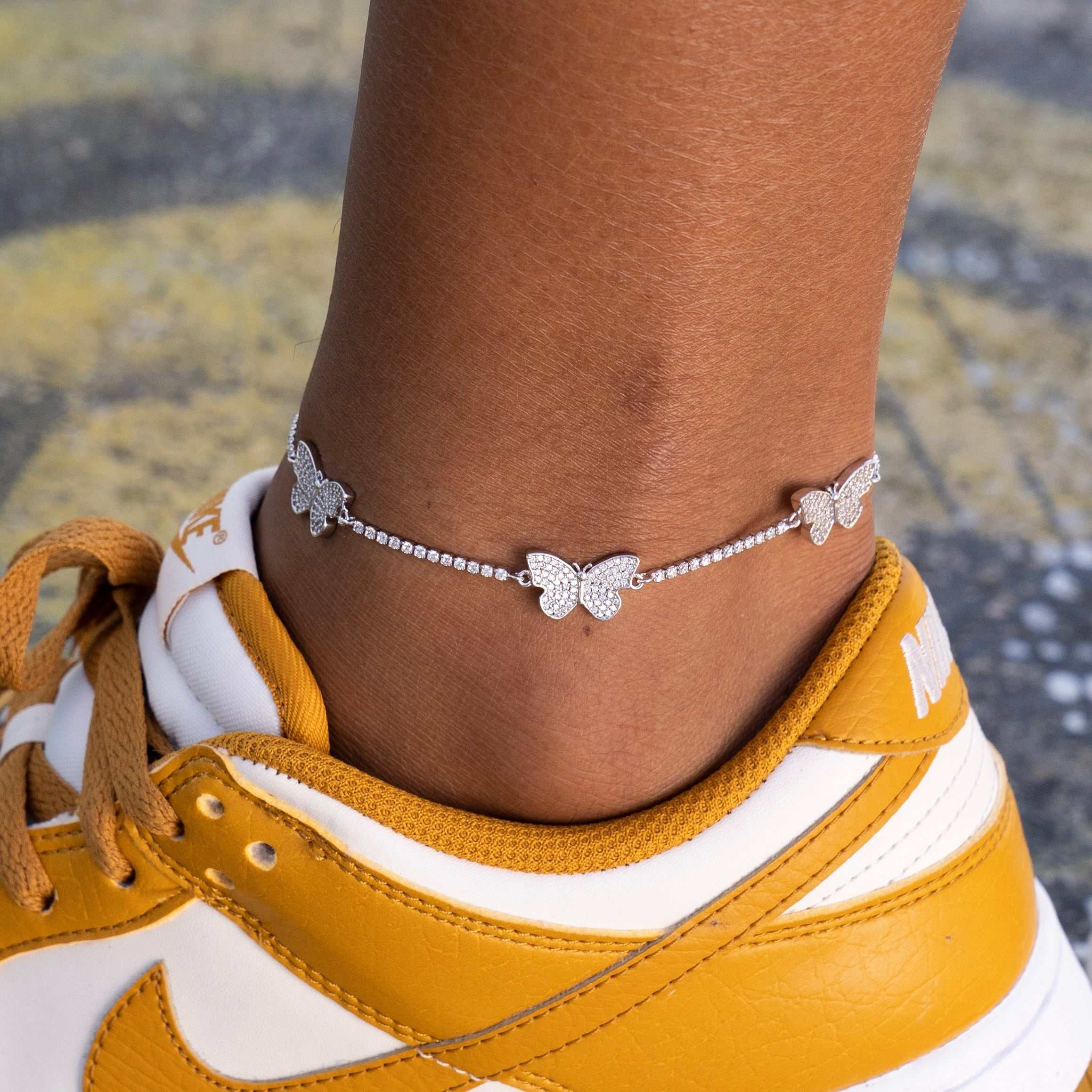 Micro Butterfly Tennis Anklet in White Gold - The GLD Shop
